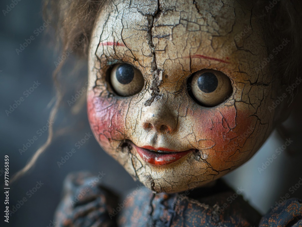 Close-up of a Cracked and Weathered Porcelain Doll's Face Close-up of a Cracked and Weathered Porcelain Doll's Face