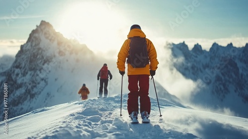 A skier in a bright orange jacket carves through fresh powder snow on a sunny...