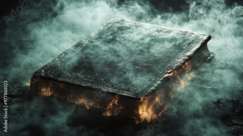 A mystical, glowing book radiates light amidst swirling magical smoke in an e...