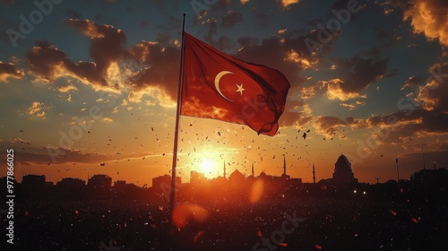 Turkish flag waving at sunset over Istanbul with silhouettes of mosques in th...