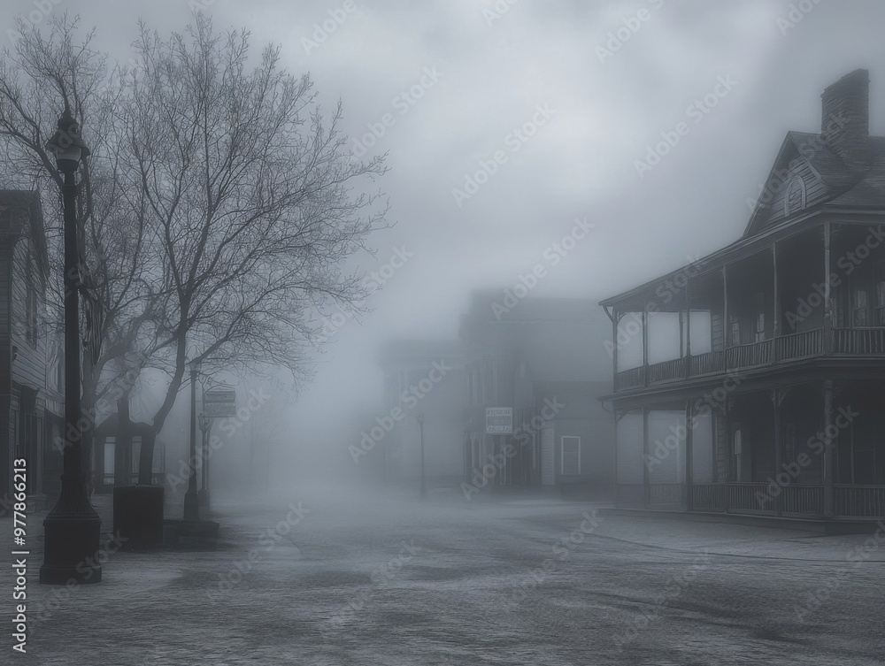 Foggy Street Scene with Old Buildings and Streetlights Foggy Street Scene with Old Buildings and Streetlights