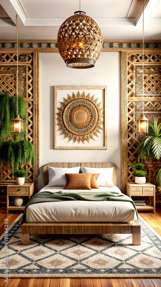 Fototapeta premium Ethnic style bedroom interior background, 3d render, white Mock up frame