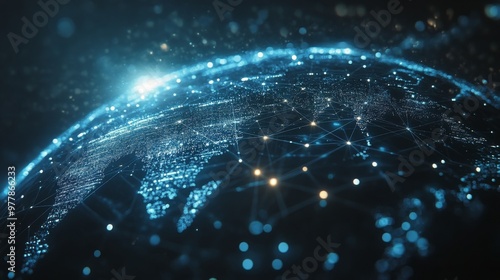 Digital globe illuminated by vibrant blue and orange data flows in a high-tec...