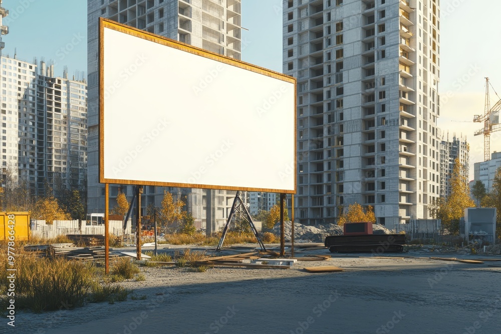 Construction site photography featuring blank signboard for multi storey building project Construction site photography featuring blank signboard for multi storey building project