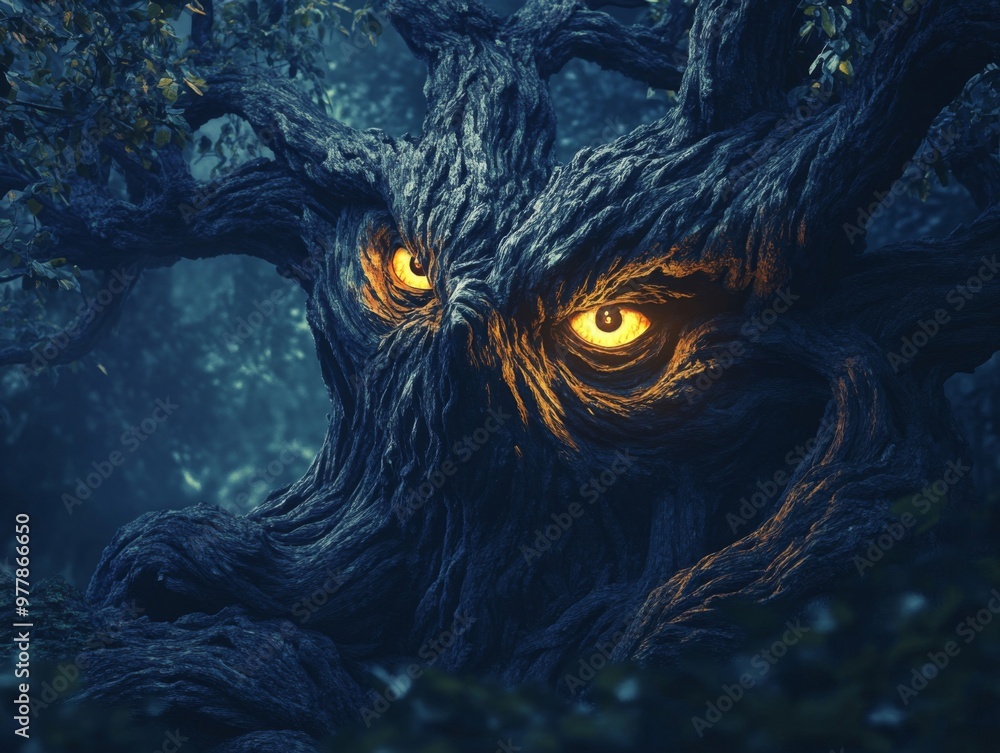 A Glowing-Eyed Tree Monster in a Dark Forest A Glowing-Eyed Tree Monster in a Dark Forest
