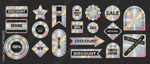Set of holographic sticker, label templates. Shiny rainbow emblem Original, Limited Edition, New, Sale, Premium quality. Vector illustration