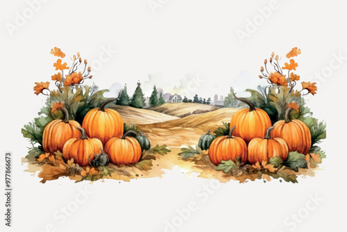 Autumn pumpkins countryside watercolor illustration
