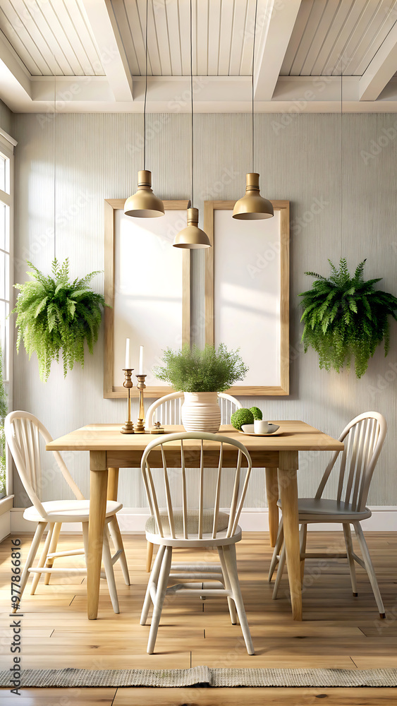 Fototapeta premium Dining room interior background, wall mockup, 3d render, white Mock up frame