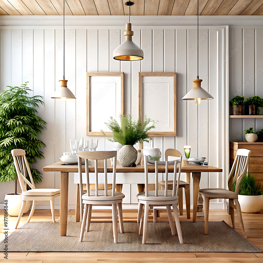 Dining room interior background, wall mockup, 3d render, white Mock up frame Dining room interior background, wall mockup, 3d render, white Mock up frame