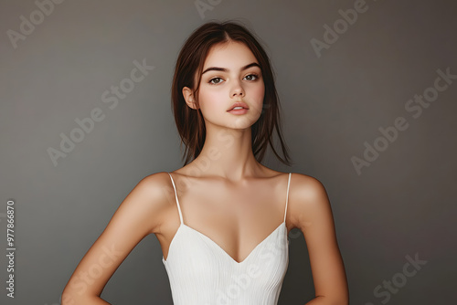 Photo of beautiful young woman in a white dress posing with hands on her hips and looking at the camera, isolated on a gray background