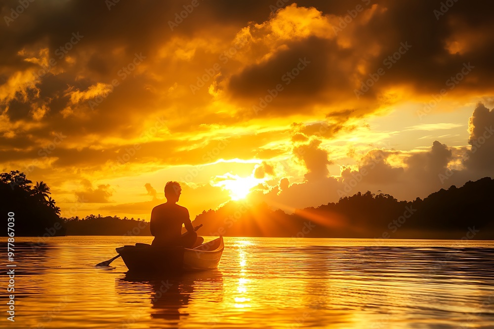 Silhouette of a kayaker paddling on the lake at sunset. Golden hour kayaking adventure, serene and tranquil evening Silhouette of a kayaker paddling on the lake at sunset. Golden hour kayaking adventure, serene and tranquil evening