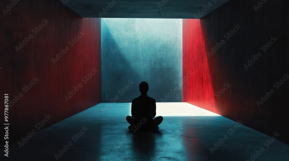 A Silhouetted Figure in a Room with Red and Blue Walls A Silhouetted Figure in a Room with Red and Blue Walls