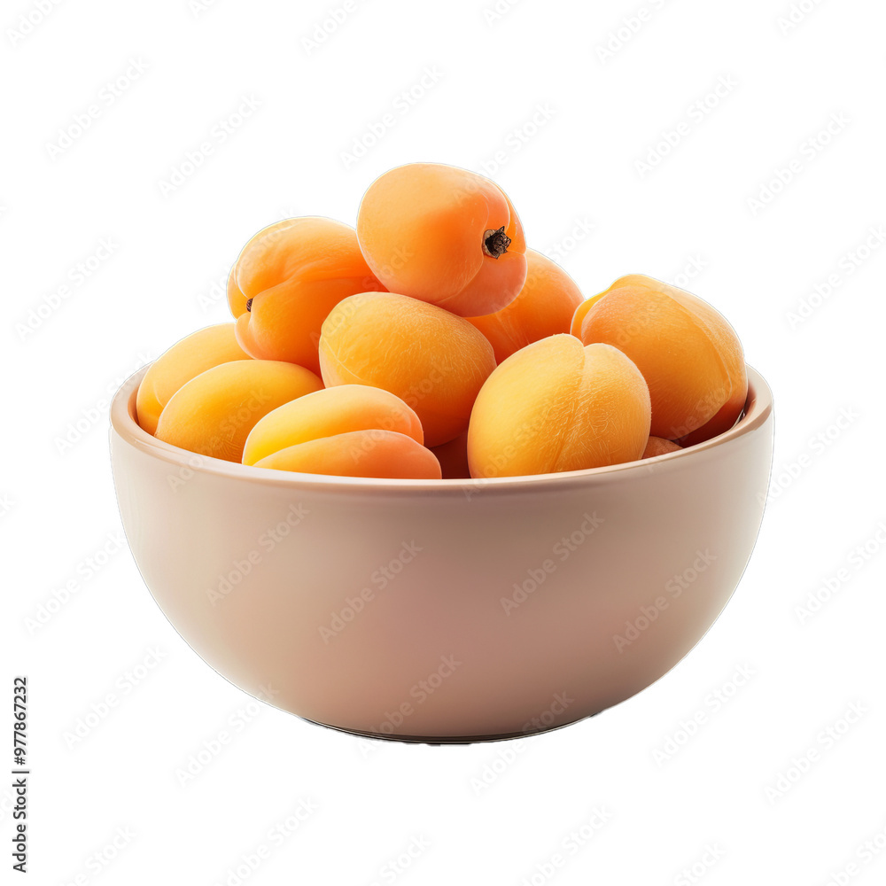 Beige bowl overflowing with fresh apricots, isolated on a white background Beige bowl overflowing with fresh apricots, isolated on a white background