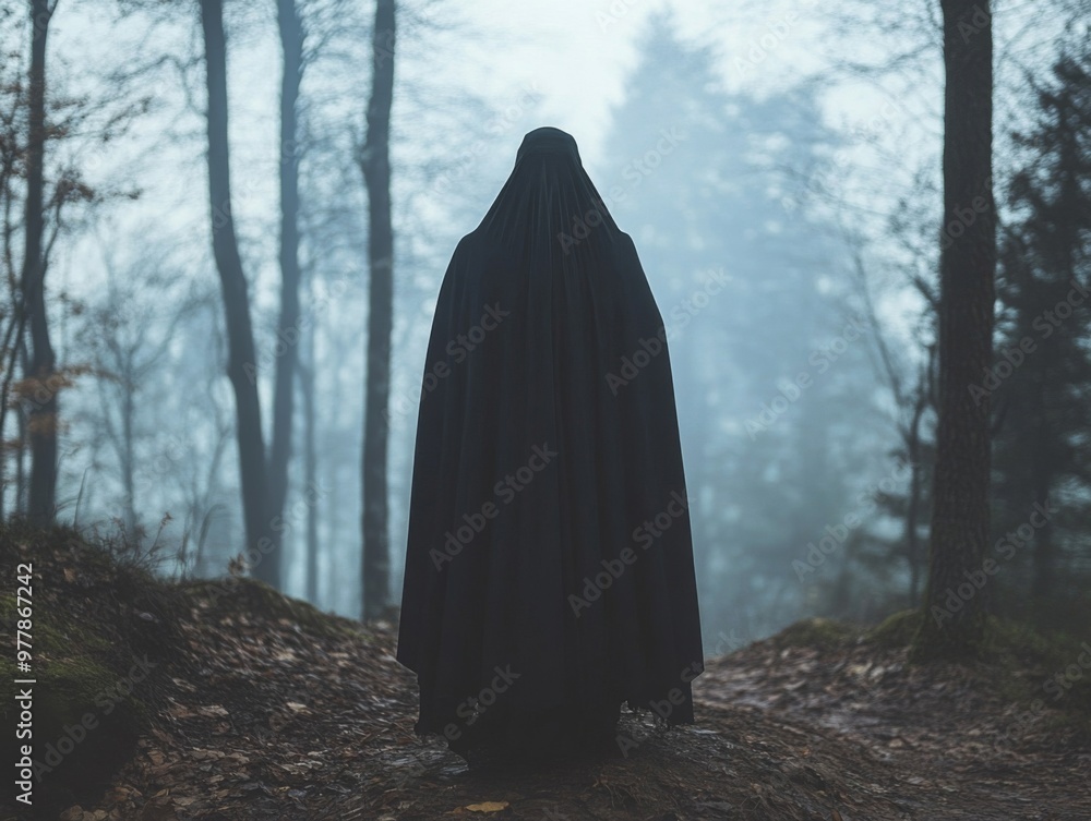 A Cloaked Figure Stands in a Misty Forest A Cloaked Figure Stands in a Misty Forest