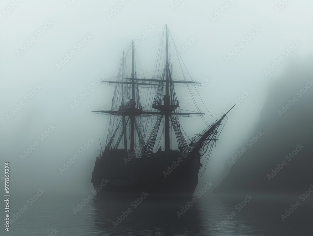 Obraz premium A Silhouette of a Sailing Ship in Thick Fog
