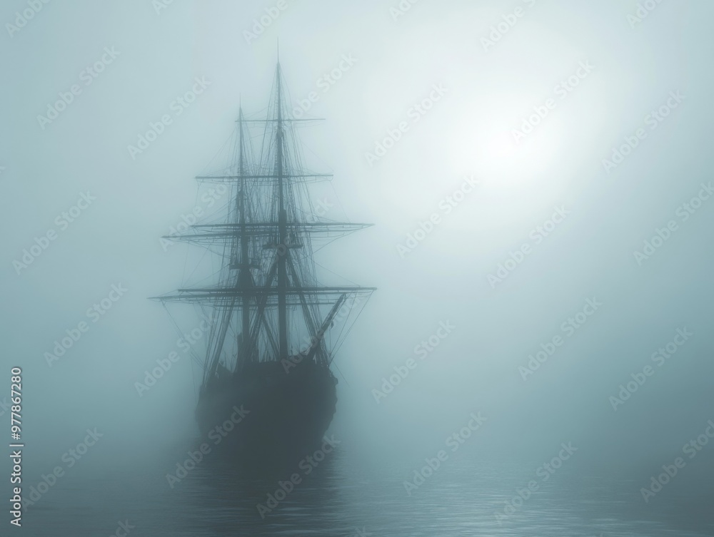 A Ship Sailing Through a Thick Fog on the Ocean A Ship Sailing Through a Thick Fog on the Ocean