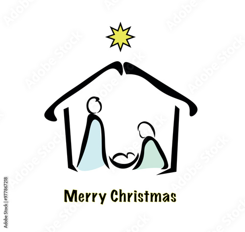 Nativity scene,vector. The background of nativity scene in vector form. Nativity scene with Holy Family one line drawing. Illustration of a holy family