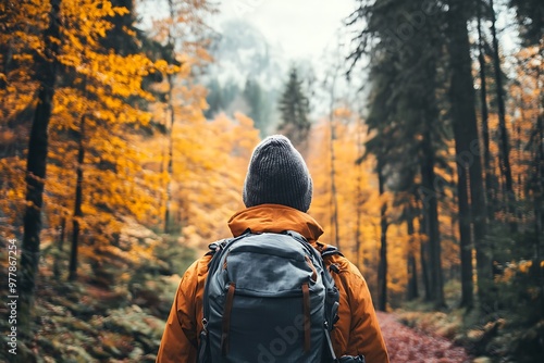 Backpacker hiking through colorful fall foliage in the forest