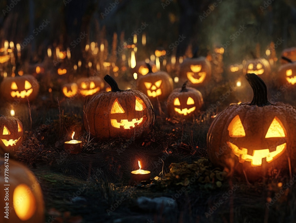 Illuminated Jack-O'-Lanterns in a Dark Forest Setting Illuminated Jack-O'-Lanterns in a Dark Forest Setting