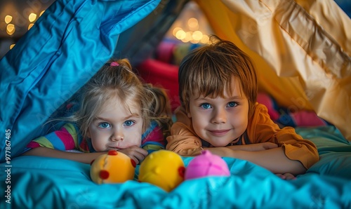 Two children playing and relaxing in a pillow fort with their toys