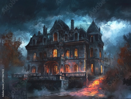 A Grand, Gloomy Mansion Under a Stormy Sky
