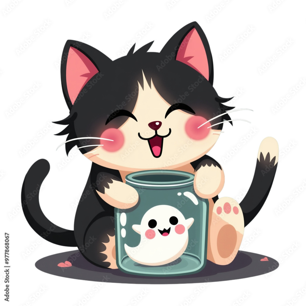 A kitten is delightedly playing with a glass jar containing a small, happy ghost. A kitten is delightedly playing with a glass jar containing a small, happy ghost.