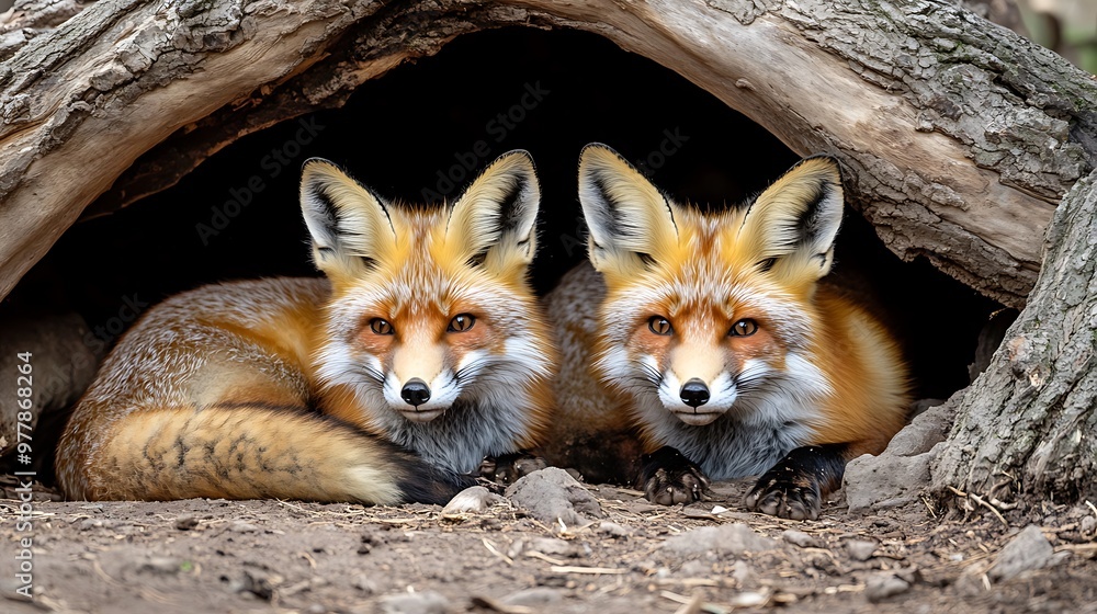 A pair of foxes resting together in a cozy den beneath a fallen tree A pair of foxes resting together in a cozy den beneath a fallen tree