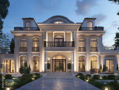 Elegant mansion illuminated at dusk, showcasing classic architecture and lush landscaping in a serene residential area photo