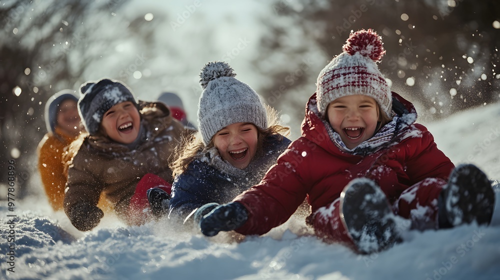 Parents and children racing down a sledding hill in the snow everyone bundled in winter gear and laughing. Parents and children racing down a sledding hill in the snow everyone bundled in winter gear and laughing.