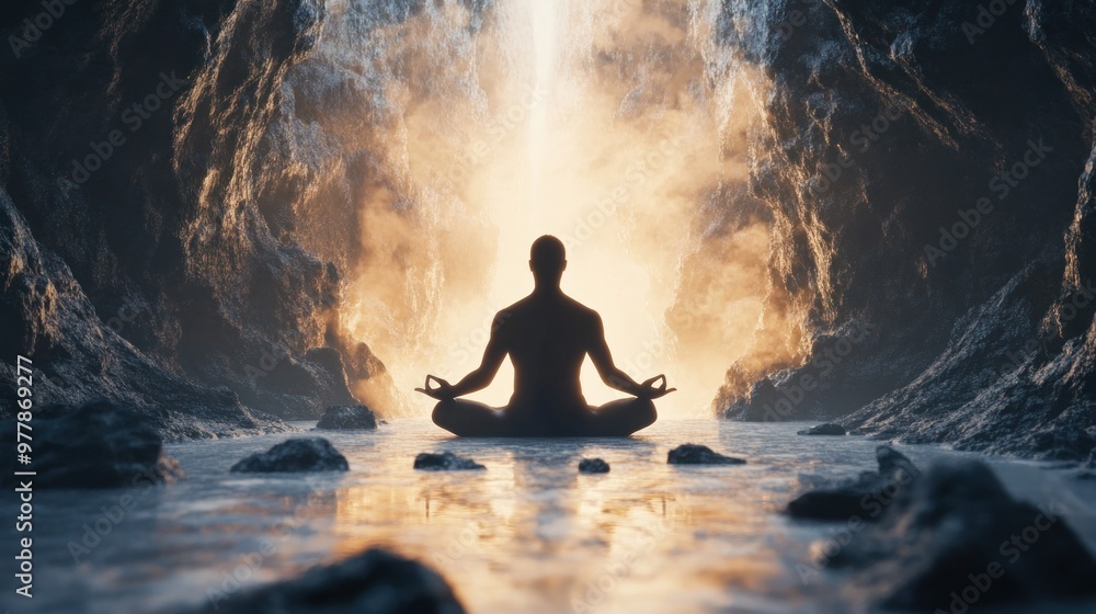 Obraz premium Man Meditating in a Cave