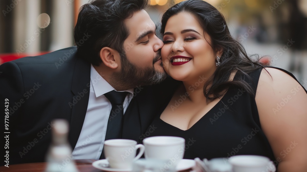 Romantic couple enjoying a coffee date outdoors, with a man kissing a woman's cheek as she smiles happily, both dressed formally, captured during the day in a close-up portrait Romantic couple enjoying a coffee date outdoors, with a man kissing a woman's cheek as she smiles happily, both dressed formally, captured during the day in a close-up portrait