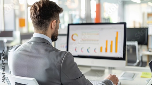 Focused Businessman Analyzing Financial Data on Digital Screen monetization - Concentrated entrepreneur examining revenue charts and metrics in a modern office setting.