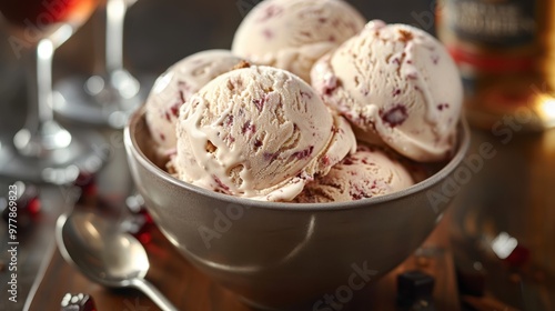 colorful ice cream in a plate on the table. Variety of ice cream portions with different flavors