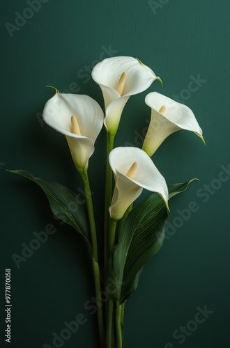 Overhead view of elegant calla lilies on a dark green background showcasing soft shadows and minimalistic composition with white petals and long stems photo