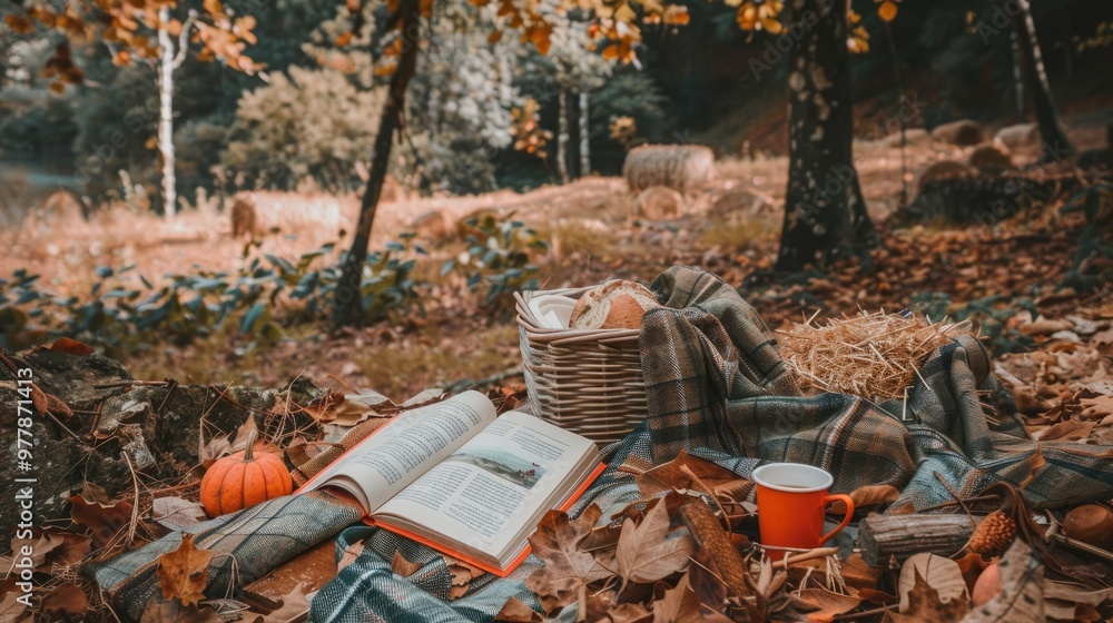 Obraz premium A picnic setup with pumpkins, hay bales, and autumn leaves