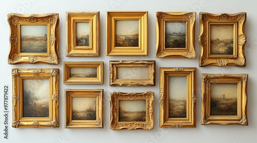 the Collection of gold frames isolated over a white background, suitable for showcasing artwork or photographs.