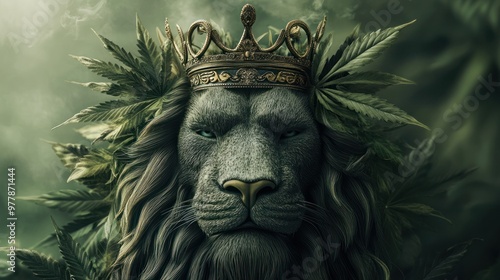 A lion is wearing a crown and surrounded by green leaves