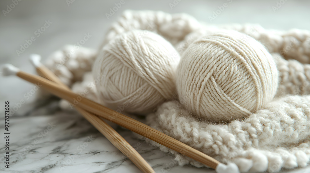 Natural wool yarn and bamboo knitting needles, lying on handmade knit on neutral background with copy space for promoting knitting supplies, handmade crafts, yarn shops, DIY projects, hobby promotions Natural wool yarn and bamboo knitting needles, lying on handmade knit on neutral background with copy space for promoting knitting supplies, handmade crafts, yarn shops, DIY projects, hobby promotions
