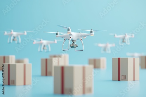 Flying drones efficiently delivering packages against a clean light blue background in a modern digital rendering style