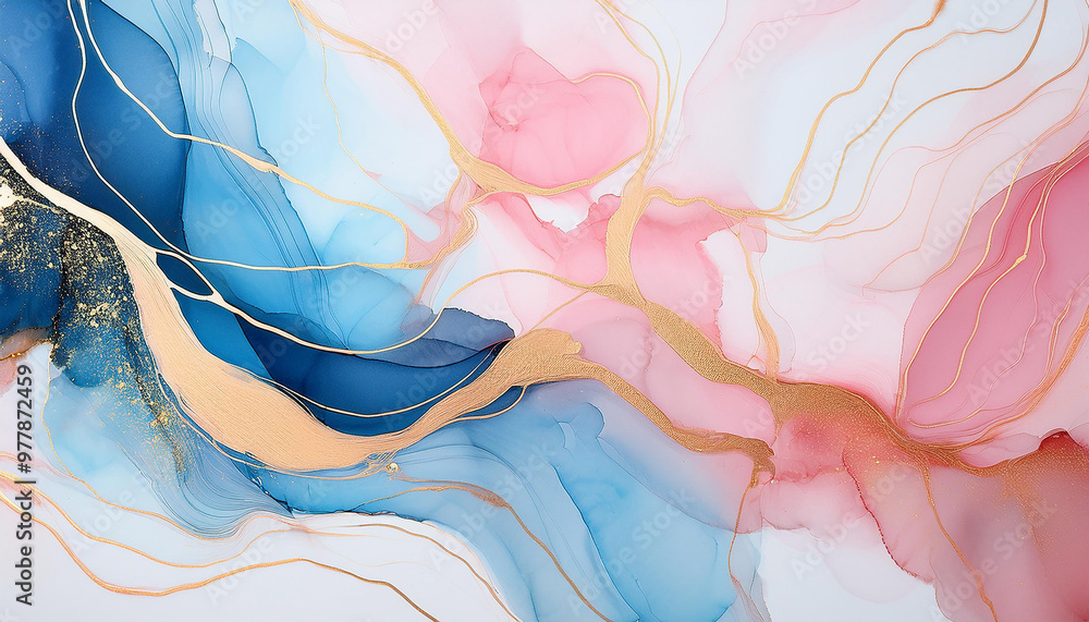 Fototapeta premium Pastel-toned watercolor abstract with gold accents. Fluid shapes in soft pink and blue hues
