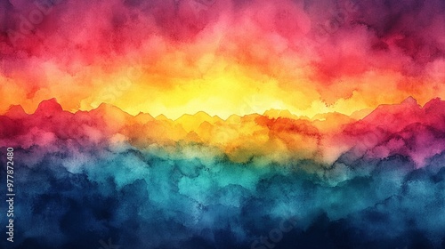 a Abstract watercolor background depicting a sunset sky with vibrant rainbow colors of pink, green, blue, yellow, and purple.