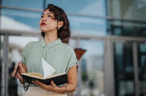 Foto Confident, Asian businesswoman holding notebook and pen, looking determined outside modern office building