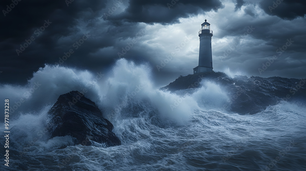 A coastal lighthouse standing tall amidst a violent storm with waves crashing against the rocks and rain pouring down from the blackened sky. A coastal lighthouse standing tall amidst a violent storm with waves crashing against the rocks and rain pouring down from the blackened sky.