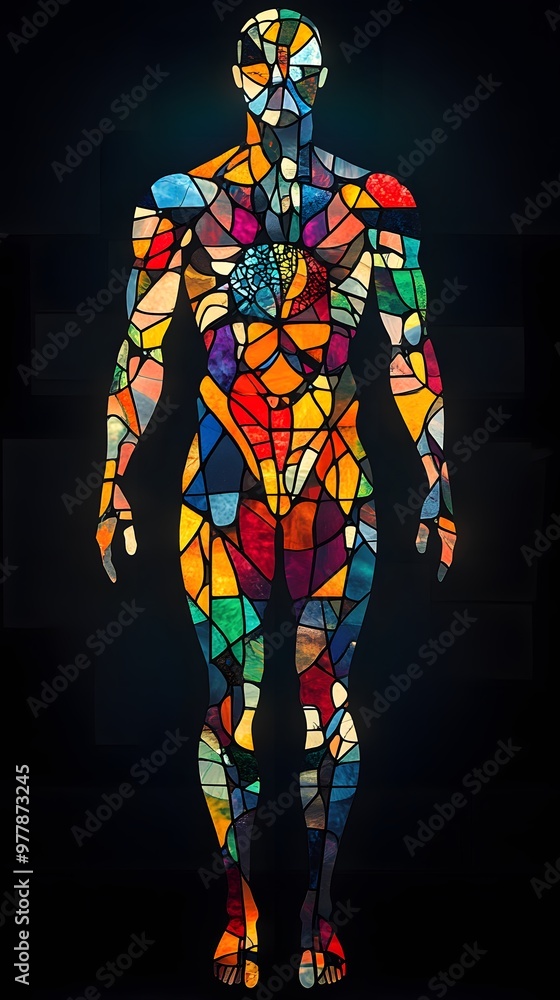Fototapeta premium Human silhouette with bright geometric patterns in a stained glass style