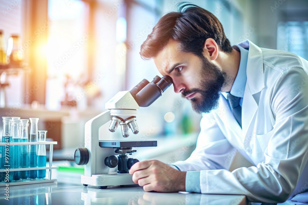 Scientist looking through a microscope.