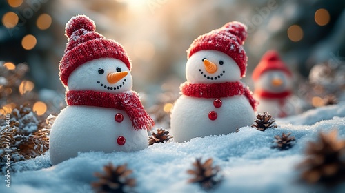 the Happy, funny marshmallow snowmen in a snowy winter landscape, with playful expressions and festive accessories.