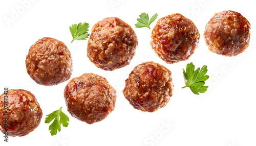 Ground meatballs in motion against a white background, highlighting their texture and shape in an engaging visual composition  photo