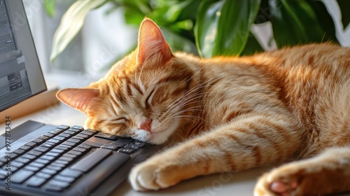 Ginger Cat Napping on a Laptop