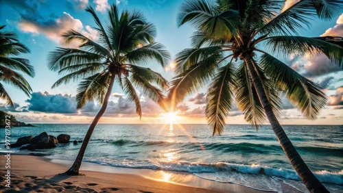 Tropical Palm Trees Silhouetted Against a Vibrant Sunset Sky, Serene Beach Atmosphere, Digital Artwork.