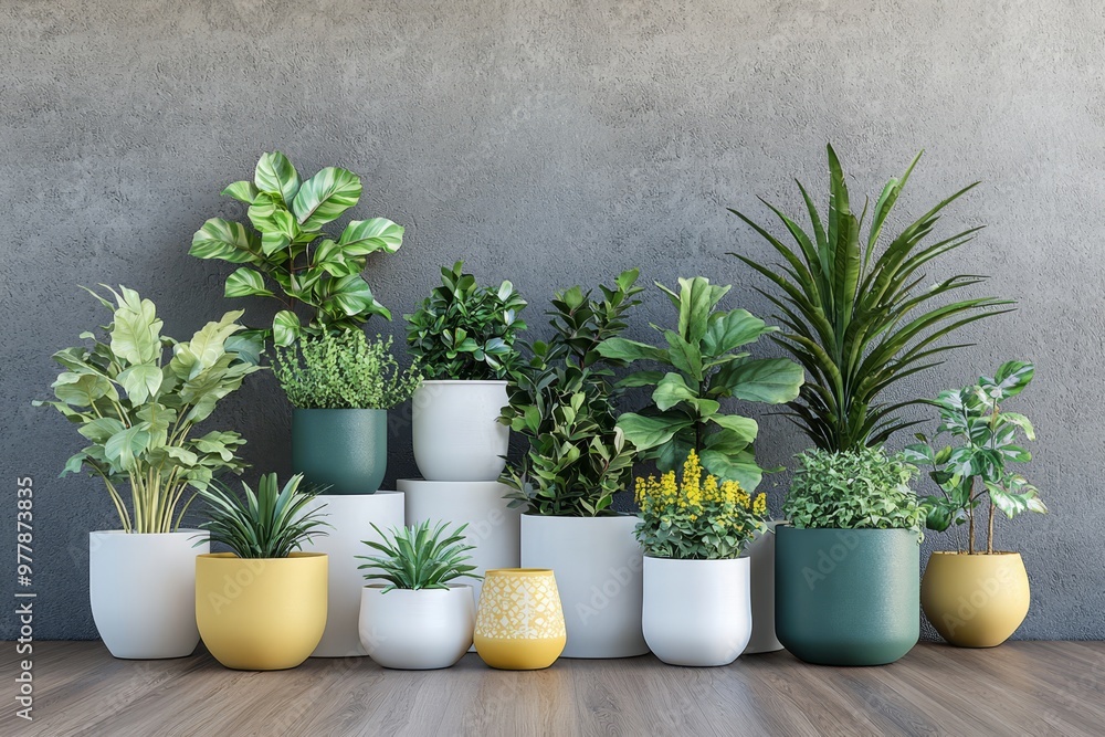 Various potted plants are arranged attractively on top of each other, showcasing a mix of green, white, and yellow pots, with a stylish gray backdrop and wooden flooring. Various potted plants are arranged attractively on top of each other, showcasing a mix of green, white, and yellow pots, with a stylish gray backdrop and wooden flooring.